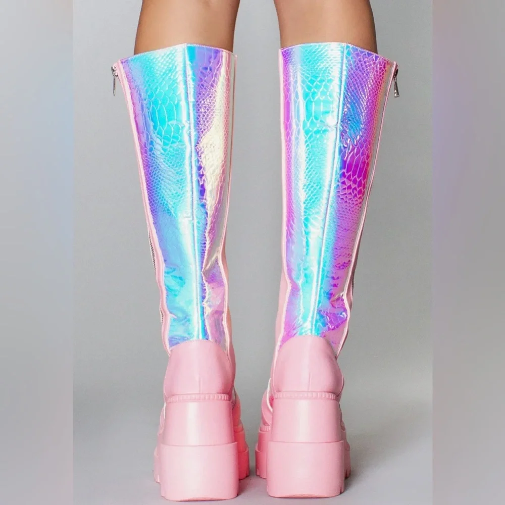 LASR Pink Poison Iridescent Platform Knee-High Lace-Up Platform Boot
